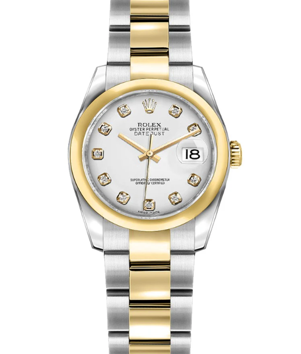 Rolex Lady-Datejust 26mm, Smooth, Oyster, Yellow Gold, Silver Diamond Dial