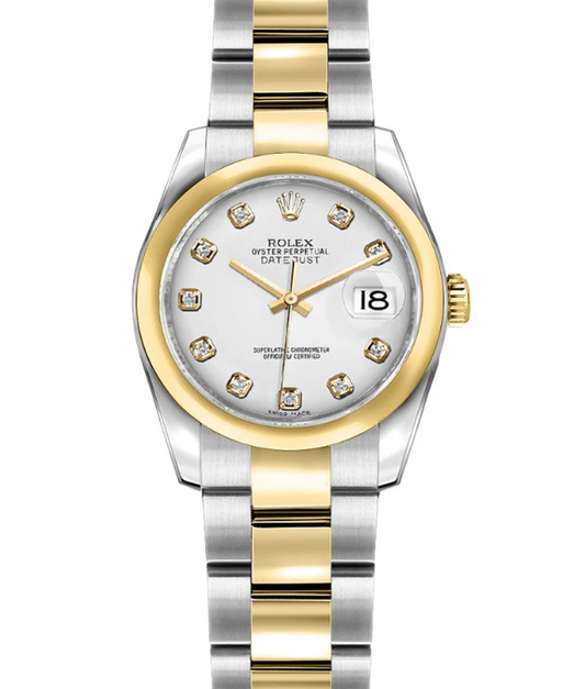 Rolex Lady-Datejust 26mm, Smooth, Oyster, Yellow Gold, Silver Diamond Dial