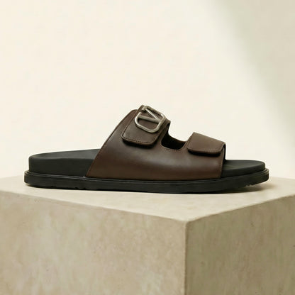 Vltn Leather Slides (Dark Brown) Genuine Cow Leather