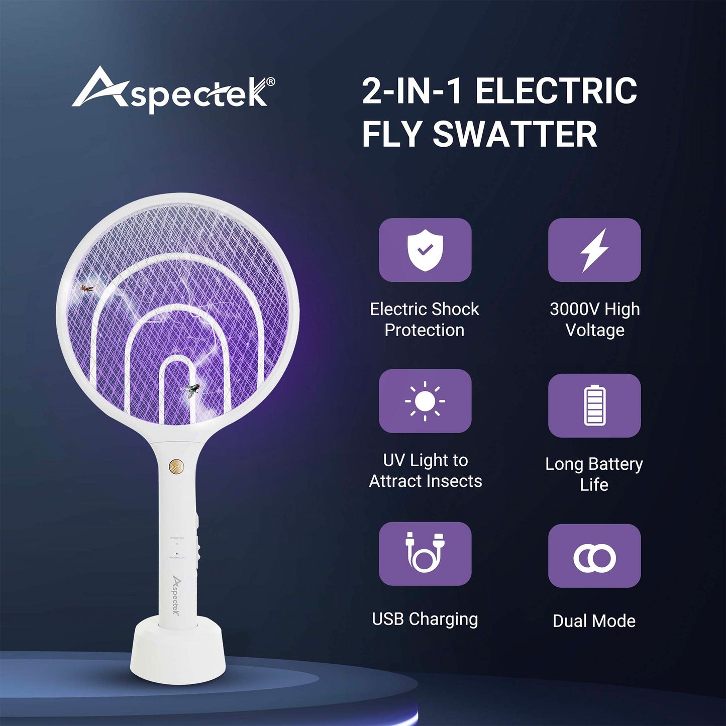 Aspectek 2 Pack Electric Fly Swatter 3000V, 2 in 1 – Electric Fly Swatter & Bug Zapper Racket for Indoor & Outdoor Use