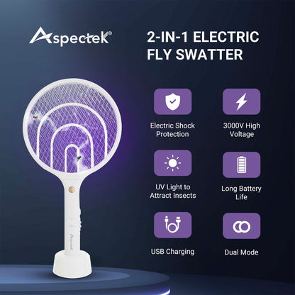 Aspectek 2 Pack Electric Fly Swatter 3000V, 2 in 1 – Electric Fly Swatter & Bug Zapper Racket for Indoor & Outdoor Use